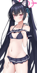Rule 34 | 1girl, animal ear fluff, animal ears, bare shoulders, bikini, black bikini, black hair, blue archive, blue ribbon, blush, breasts, closed mouth, collarbone, commentary request, covered erect nipples, groin, hair between eyes, hair ribbon, halo, hand up, highres, iseshi, long hair, looking at viewer, medium breasts, navel, red eyes, ribbon, serika (blue archive), serika (swimsuit) (blue archive), simple background, solo, swimsuit, twintails, v-shaped eyebrows, very long hair, white background