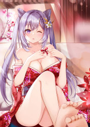 Rule 34 | 1girl, alternate costume, bare legs, bare shoulders, barefoot, blush, braid, breasts, cleavage, commentary request, cone hair bun, double bun, flower, genshin impact, hair between eyes, hair bun, hair flower, hair ornament, highres, japanese clothes, keqing (genshin impact), kimono, knee up, looking at viewer, mutang, off shoulder, one eye closed, parted lips, purple eyes, purple hair, red flower, red kimono, sash, sidelocks, sitting, soles, solo, toes