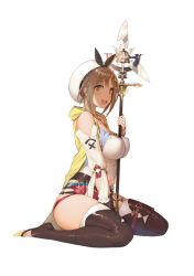 Rule 34 | 1girl, atelier (series), atelier ryza, atelier ryza 1, bare shoulders, belt, beret, between breasts, boots, breasts, brown eyes, brown gloves, brown hair, commentary request, covered erect nipples, full body, gloves, hair ornament, hairclip, hat, highres, jewelry, large breasts, looking at viewer, midriff, midriff peek, navel, necklace, open mouth, red shorts, reisalin stout, shiny skin, shorts, sidelocks, simple background, single glove, sitting, smile, solo, staff, star (symbol), star necklace, test tube, thigh boots, thighhighs, thighs, toeless footwear, white thighhighs, yuzuriha (active homing)