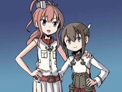 Rule 34 | 10s, 2girls, alternate breast size, arm around waist, brown eyes, brown hair, commentary, flat chest, gradient background, grey eyes, headgear, kantai collection, light brown hair, multiple girls, open mouth, pleated skirt, saratoga (kancolle), sixten, skirt, smile, taihou (kancolle)