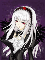 Rule 34 | 1girl, absurdres, blood, bloody tears, dress, gothic lolita, hairband, highres, lolita fashion, long hair, pink eyes, rozen maiden, silver hair, solo, suigintou, wings