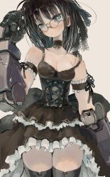 Rule 34 | 1girl, bare shoulders, black choker, black dress, black hair, blue eyes, blue hair, breasts, bright pupils, choker, closed mouth, commission, dress, ebimomo, glasses, gradient hair, grey background, grey thighhighs, hand up, highres, joints, looking at viewer, mechanical arms, medium breasts, medium hair, multicolored hair, original, robot joints, round eyewear, simple background, skeb commission, solo, standing, strap slip, thighhighs, white pupils