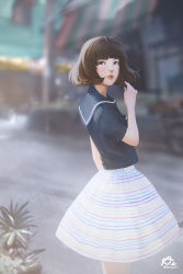 Rule 34 | 1girl, artist name, black eyes, black hair, blouse, blue shirt, blunt bangs, blurry, blurry background, building, casual, commentary, cowboy shot, day, dress, from side, lips, looking at viewer, looking to the side, multicolored clothes, multicolored dress, nose, original, outdoors, plant, road, sailor collar, sailor dress, shirt, short hair, solo, standing, street, striped clothes, striped dress, text focus, watermark, webang111, white dress
