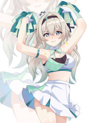 Rule 34 | 1girl, absurdres, alternate costume, arm strap, arms up, bare arms, bare shoulders, black hairband, breasts, cheerleader, clothes writing, cowboy shot, crop top, firefly (honkai: star rail), gloves, grey hair, hairband, highres, holding, holding pom poms, honkai: star rail, honkai (series), long hair, looking at viewer, maxwelzy, medium breasts, miniskirt, pom pom (cheerleading), pom poms, skirt, smile, standing, thighs, very long hair, white background, white skirt, zoom layer