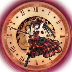 Rule 34 | 10s, 1girl, bare shoulders, black hair, boots, breasts, cleavage, clock, clock eyes, commentary, cross-laced footwear, date a live, dress, gears, gun, hairband, heterochromia, highres, lace-up boots, legendpoon, lolita fashion, lolita hairband, long hair, looking at viewer, red eyes, ribbon, rifle, roman numeral, smile, solo, symbol-shaped pupils, tokisaki kurumi, twintails, weapon, yellow eyes