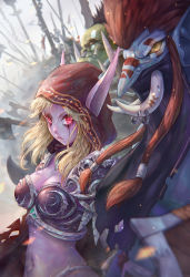 Rule 34 | 1girl, 6+boys, armor, cloak, colored skin, elf, highres, hood, hooded cloak, jay xu, multiple boys, multiple others, orc, pink skin, pointy ears, red eyes, shoulder armor, spikes, sylvanas windrunner, troll, undead, warcraft, weapon, world of warcraft