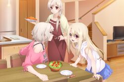 Rule 34 | 3girls, apron, bare shoulders, blonde hair, blue skirt, bowl, braid, breasts, chair, closed mouth, commentary request, fate/kaleid liner prisma illya, fate (series), feeding, flat screen tv, floor, food, fork, hair between eyes, hair over shoulder, holding, holding plate, illyasviel von einzbern, indoors, large breasts, leysritt (fate), living room, long hair, looking at viewer, multiple girls, off-shoulder shirt, off shoulder, official art, open mouth, plate, profile, red apron, red eyes, salad, sella (fate), shirt, short hair, sitting, skirt, sleeveless, sleeveless shirt, smile, stairs, standing, table, teeth, television, textless version, type moon-ace, upper teeth only, ushijima nozomi, white hair, white shirt, yellow shirt