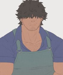Rule 34 | 1boy, apron, bara, beard stubble, collared shirt, dark-skinned male, dark skin, facial hair, facing viewer, flat color, green apron, hair over eyes, highres, large pectorals, male focus, mature male, muscular, muscular male, mustache stubble, nogitu, original, pectoral cleavage, pectorals, shirt, short hair, solo, stubble, thick eyebrows, upper body
