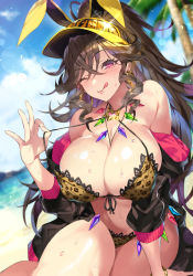 Rule 34 | 1girl, absurdres, animal ears, animal print, bare shoulders, beach, bikini, blue sky, blurry, blurry background, blush, bracelet, breasts, brown hair, cleavage, cloud, cloudy sky, commentary request, day, earrings, fake animal ears, halterneck, highres, hoop earrings, jacket, jewelry, large breasts, lips, long hair, mole, mole on stomach, mole under eye, navel, ocean, off shoulder, one eye closed, open clothes, open jacket, original, outdoors, palm leaf, palm tree, pulling own clothes, purple eyes, rabbit ears, senri gan, serika (bunnystein fantasy), shiny skin, sitting, sky, smile, solo, stomach, sunlight, sweat, sweatdrop, swimsuit, tongue, tongue out, tree, visor cap, water