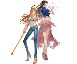 Rule 34 | 2girls, black hair, denim, game cg, granblue fantasy, high heels, holding, holding polearm, holding weapon, jeans, kneepits, long hair, looking at viewer, looking back, multiple girls, nami (one piece), nico robin, official art, one piece, orange hair, pants, polearm, standing, sunglasses, tattoo, transparent background, weapon