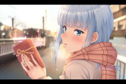 Rule 34 | 1girl, blue eyes, blue hair, blush, box, brown scarf, enpera, gift, gift box, hatsukaze (kancolle), holding, holding gift, kantai collection, letterboxed, long hair, long sleeves, looking back, open mouth, piyobomu, scarf, solo, upper body, valentine