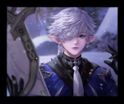 Rule 34 | 1boy, alphinaud leveilleur, blue eyes, blurry, blurry background, blurry foreground, braid, closed mouth, earrings, elezen, elf, final fantasy, final fantasy xiv, hand up, highres, holding, jewelry, mandaring0, one eye covered, pointy ears, snow, snowing, solo, white hair