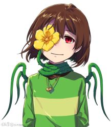 Rule 34 | androgynous, artist name, brown hair, chara (undertale), flower, gender request, head tilt, heart, heart necklace, jewelry, ko-on (ningen zoo), necklace, plant, red eyes, shirt, solo, spoilers, striped clothes, striped shirt, thorns, undershirt, undertale, upper body, vines, wings