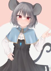 Rule 34 | 1girl, animal ears, blue capelet, blush, capelet, closed mouth, commentary request, cowboy shot, crystal, dakuazu, dress, grey dress, grey hair, highres, jewelry, long sleeves, looking at viewer, mouse ears, mouse girl, mouse tail, nazrin, paid reward available, pendant, pink background, red eyes, shirt, short hair, smile, solo, tail, touhou, two-tone background, white background, white shirt