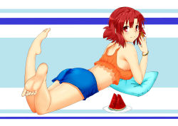 Rule 34 | 1girl, absurdres, ass, bad id, bad pixiv id, bare shoulders, barefoot, blush, breasts, feet, food, fruit, groin, hair ornament, highres, izetta, looking at viewer, looking back, lying, medium breasts, on stomach, pillow, red eyes, red hair, short hair, shorts, shuumatsu no izetta, simple background, smile, soles, solo, toes, watermelon
