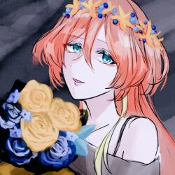 Rule 34 | 1girl, anno (bambi1103no), blonde hair, blue eyes, blue flower, blue rose, bouquet, collarbone, flower, grey shirt, hair between eyes, head wreath, highres, holding, holding bouquet, long hair, looking at viewer, macross, macross delta, macross delta: zettai live!!!!!!, multicolored hair, off-shoulder shirt, off shoulder, orange hair, parted lips, portrait, rose, shirt, sketch, smile, solo, streaked hair, yami kaname, yellow flower, yellow rose