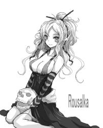 Rule 34 | 1girl, bare shoulders, breasts, cleavage, collarbone, corset, detached sleeves, female focus, greyscale, hair ornament, hair ribbon, kara (color), large breasts, long hair, monochrome, mythology, original, pointy ears, ponytail, ribbon, rusalka, simple background, sitting, skull, slavic mythology, smile, solo, thighhighs, wariza, white background
