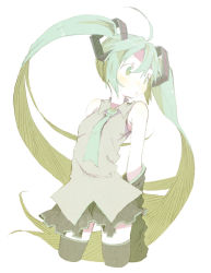 Rule 34 | 1girl, abara heiki, ahoge, arms behind back, bare shoulders, black thighhighs, detached sleeves, female focus, green eyes, green hair, hatsune miku, long hair, matching hair/eyes, necktie, pale color, simple background, skirt, solo, thighhighs, twintails, very long hair, vocaloid, white background, yellow background