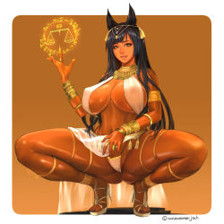 Rule 34 | 1girl, animal ears, anubis (mythology), bare shoulders, black hair, breasts, dark-skinned female, dark skin, derivative work, egyptian, egyptian clothes, egyptian mythology, fetishy, full body, gold trim, high heels, highres, huge breasts, jackal ears, jackal girl, long hair, looking at viewer, mole, mole under eye, nail polish, navel, non (nonsummerjack), nonsummerjack, original, outside border, real life insert, scales, smile, solo, squatting, thick thighs, thighs, very long hair