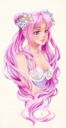 Rule 34 | 1girl, alternate hair color, bishoujo senshi sailor moon, blue eyes, breasts, cleavage, crescent, crescent facial mark, double bun, eflunn (emilylunn), facial mark, flower, forehead mark, hair flower, hair ornament, highres, long hair, pink hair, pink lips, simple background, solo, tsukino usagi, twintails, upper body, white background