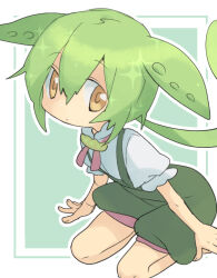 Rule 34 | 1girl, closed mouth, commentary request, expressionless, flat chest, frilled sleeves, frills, full body, green hair, green shorts, green suspenders, hair between eyes, leaning forward, long hair, looking at viewer, nahori (hotbeans), outline, personification, seiza, shirt, short sleeves, shorts, sitting, solo, voicevox, white outline, white shirt, yellow eyes, zundamon