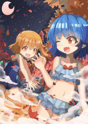 Rule 34 | 2girls, autumn, autumn leaves, bare shoulders, blonde hair, blue one-piece swimsuit, collarbone, crystal, fang, flandre scarlet, highres, looking at another, medium hair, midriff, multicolored wings, multiple girls, navel, no headwear, old school swimsuit, one-piece swimsuit, one eye closed, one side up, onsen, open mouth, partially submerged, pointy ears, red eyes, remilia scarlet, school swimsuit, siblings, sisters, swimsuit, touhou, v-shaped eyebrows, wings, xly 97