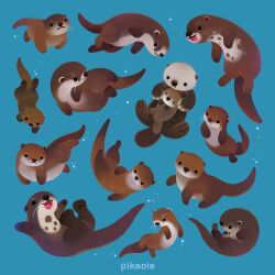 Rule 34 | animal, animal focus, artist name, black eyes, blue background, closed mouth, commentary, english commentary, no humans, open mouth, original, otter, pawpads, pikaole, simple background, smile, solid circle eyes, swimming, watermark