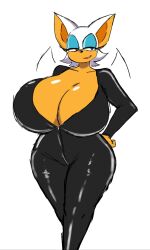 Rule 34 | 1girl, black bodysuit, bodysuit, breasts, cleavage, collarbone, curvy, eyelashes, furry, furry female, grin, half-closed eyes, hand on own hip, highres, huge breasts, lipstick, looking at viewer, makeup, momijizx, open clothes, rouge the bat, smile, solo, sonic (series), standing, thick thighs, thighs, white background, wide hips, wings