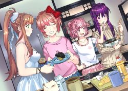 Rule 34 | 4girls, :d, absurdres, bad id, bad twitter id, bow, brown hair, casual, commentary, cupcake, doki doki literature club, dutch angle, english commentary, closed eyes, fang, food, green eyes, grin, hair bow, hair ornament, hair ribbon, hairclip, hand on own hip, highres, indoors, long hair, mixing bowl, monika (doki doki literature club), multiple girls, natsuki (doki doki literature club), open mouth, pink eyes, pink hair, plate, ponytail, purple eyes, purple hair, red bow, red ribbon, ribbon, sayori (doki doki literature club), short hair, smile, white ribbon, wightricealex, yuri (doki doki literature club)