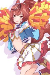 Rule 34 | 1girl, belt, blush, breasts, brown eyes, cheerleader, commentary request, hair between eyes, hair ornament, highres, jacket, medium breasts, medium hair, midriff, navel, nice nature (umamusume), official alternate costume, official alternate hairstyle, open mouth, pom pom (cheerleading), red hair, ribbon, risumi (taka-fallcherryblossom), shoes, simple background, solo, umamusume, white background