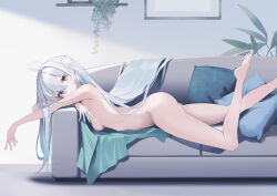 Rule 34 | 1girl, absurdres, ahoge, barefoot, blue hair, breasts, closed mouth, completely nude, couch, cushion, feet, foot out of frame, foot up, from side, green eyes, grey hair, highres, indoors, light blush, long hair, looking at viewer, lying, multicolored hair, nude, on couch, on stomach, original, picture frame, plant, rafrog, shelf, small breasts, smile, soles, solo, streaked hair, toes, very long hair