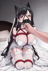 Rule 34 | 1girl, absurdres, animal ears, arms behind back, atago (azur lane), azur lane, bare shoulders, bdsm, bed, black hair, blush, bondage, bound, bound arms, bound legs, breast bondage, breasts, bridal veil, crotch rope, dog ears, dress, elbow gloves, frilled dress, frills, gagged, garter straps, gloves, grabbing another&#039;s chin, hair behind ear, hair ribbon, hand on another&#039;s chin, headpiece, heart, heart-shaped pupils, highres, large breasts, long hair, looking at viewer, mole, mole under eye, o-ring, on bed, pillow, red rope, ribbon, rope, see-through, seiza, shibari, shibari over clothes, sitting, solo focus, svet yomi, swept bangs, symbol-shaped pupils, thighhighs, thighs, veil, very long hair, wedding dress, white dress, white gloves, white ribbon, white thighhighs, yellow eyes, zettai ryouiki