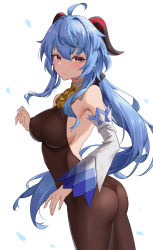 Rule 34 | 1girl, ahoge, ass, bell, blue hair, blush, bodystocking, breasts, brown pantyhose, closed mouth, detached collar, detached sleeves, from side, ganyu (genshin impact), genshin impact, goat horns, hand up, highres, horns, large breasts, lcx123, long hair, looking at viewer, looking to the side, neck bell, pantyhose, ponytail, sideboob, sidelocks, simple background, solo, thighs, very long hair, wavy hair, white background, yellow eyes