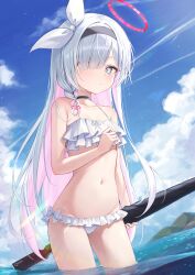 Rule 34 | 1girl, bikini, black choker, black hairband, blue archive, blue sky, blunt bangs, bow, bow bikini, braid, breasts, choker, closed mouth, cloud, collarbone, colored inner hair, commentary, frilled bikini, frills, grey eyes, groin, gun, hair over one eye, hair ribbon, hairband, halo, highres, holding, holding gun, holding weapon, long hair, looking at viewer, multicolored hair, navel, pink hair, pink halo, plana (blue archive), rangtori, red pupils, ribbon, side braid, single braid, skinny, sky, small breasts, solo, standing, swimsuit, two-tone hair, very long hair, wading, weapon, white bikini, white bow, white hair, white ribbon