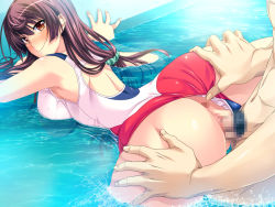 Rule 34 | 1girl, anus, ass, ass grab, back, blush, breasts, brown hair, censored, clothed female nude male, floating, game cg, large breasts, legs, long hair, looking back, marushin (denwa0214), mosaic censoring, naughty face, nude, orange eyes, penis, pool, pussy, sex, shinohara katsumi, smile, supokon! sports wear complex, sweat, swimsuit, thighs, vaginal, water, wet, wet clothes