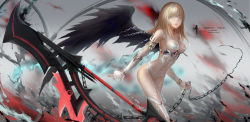 Rule 34 | 1girl, bare shoulders, black wings, blonde hair, breasts, chain, choker, closed mouth, collarbone, detached sleeves, highres, leaning forward, lips, long hair, looking at viewer, mabinogi, mabinogi heroes, medium breasts, navel, purple eyes, revealing clothes, see-through, solo, strapless, thighhighs, walking, wangchuan de quanyan, weapon, wings