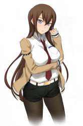 Rule 34 | 1girl, black pantyhose, breast hold, breasts, brown hair, crossed arms, jacket, large breasts, makise kurisu, necktie, nora shinji, pantyhose, pantyhose under shorts, shorts, simple background, solo, steins;gate, thighs, white background
