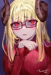 Rule 34 | 1girl, blonde hair, blush, commission, curled horns, glasses, hand up, horns, indie virtual youtuber, long hair, long sleeves, looking at viewer, mile (off8mile), parted lips, red-framed eyewear, red eyes, red sweater, ribbed sweater, skeb commission, solo, sweater, tane tenshi, virtual youtuber
