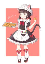 Rule 34 | 1girl, :t, animal ear fluff, animal ears, apron, azur lane, ban ge juzi, bell, black dress, black footwear, blush, bow, brown background, brown hair, candy, cat ears, cat girl, cat tail, chocolate chip cookie, closed eyes, closed mouth, commentary request, cookie, dress, ears through headwear, eating, facing viewer, food, frilled apron, frills, full body, hair bow, hat, holding, holding cookie, holding food, jingle bell, kneehighs, lollipop, loose socks, low twintails, mutsuki (azur lane), puffy short sleeves, puffy sleeves, red bow, shoes, short sleeves, short twintails, socks, solo, standing, swirl lollipop, tail, tail raised, translation request, twintails, two-tone background, white apron, white background, white hat, white socks