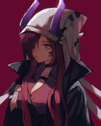 Rule 34 | 1girl, anpoai, arknights, ascalon (arknights), black jacket, breasts, cleavage, closed mouth, expressionless, hair over one eye, highres, hood, hood up, horns through hood, jacket, large breasts, lips, long hair, open clothes, open jacket, purple eyes, purple shirt, red background, red hair, shirt, simple background, solo, upper body, very long hair