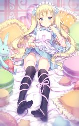 Rule 34 | 1girl, :o, alc (ex2 lv), bad id, bad pixiv id, blonde hair, blue eyes, blunt bangs, blush, clothes lift, dress, feet, food, frilled pillow, frills, highres, lifting own clothes, lolita fashion, long hair, lying, macaron, no shoes, on back, original, panties, pillow, ribbon, skirt, skirt lift, stuffed animal, stuffed rabbit, stuffed toy, thighhighs, toes, twintails, underwear