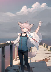 Rule 34 | 1girl, absurdres, ahoge, animal ear fluff, animal ears, arknights, black bracelet, black choker, black pantyhose, blue eyes, breasts, child, choker, cloak, cloud, cloudy sky, coat, collarbone, commentary request, crack, cracked floor, cross, extra ears, fox ears, fox girl, fox tail, gloves, grey hair, hand on railing, highres, infection monitor (arknights), looking at viewer, material growth, ocean, open cloak, open clothes, open mouth, oripathy lesion (arknights), outdoors, pantyhose, railing, red cross, short hair, sky, small breasts, solo, sussurro (arknights), tail, teeth, upper teeth only, waving, welt (kinsei koutenkyoku), white coat, white gloves, zipper