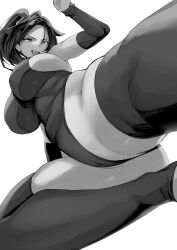 Rule 34 | 1girl, absurdres, breasts, character request, copyright request, detached sleeves, flying kick, from below, greyscale, hair ornament, highleg, highleg leotard, highres, hotate-chan, kicking, large breasts, leotard, long hair, monochrome, open mouth, ponytail, smile, solo, thighhighs, thighs
