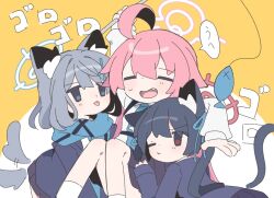 Rule 34 | 3girls, :p, ahoge, animal ear fluff, animal ears, black hair, blue archive, blue halo, blue necktie, blue scarf, blush, cat ears, cat tail, cross, cross hair ornament, extra ears, fang, grey hair, hair between eyes, hair ornament, hair ribbon, halo, hamu-chan, holding, holding stick, hoshino (blue archive), huge ahoge, inverted cross, jacket, long hair, multiple girls, necktie, nervous smile, open mouth, pink hair, pink halo, ribbon, scarf, school uniform, serika (blue archive), shiroko (blue archive), shirt, short hair, skirt, smile, socks, stick, tail, tail wagging, tongue, tongue out, twintails, white shirt, white socks, wolf ears, wolf tail