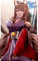 Rule 34 | 1girl, absurdres, amagi (azur lane), animal ears, azur lane, bodystocking, breasts, brown hair, brown tail, coat, fox ears, fox tail, highres, indoors, japanese clothes, kimono, kitsune, lace, lace-trimmed kimono, lace trim, large breasts, large tail, long hair, metal belt, multiple tails, open clothes, open coat, purple eyes, purple kimono, red coat, sakuramon, samip, slit pupils, solo, tail, very long hair