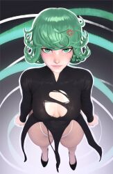Rule 34 | 1girl, 3d, abstract background, anger vein, angry, black dress, breasts, cleavage, curly hair, curvy, dress, green eyes, green hair, high heels, lips, long sleeves, looking at viewer, medium breasts, one-punch man, panties, popogori, pout, short hair, solo, tatsumaki, thick thighs, thighs, underwear, white panties, wide hips