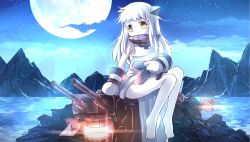 Rule 34 | 10s, 1girl, abyssal ship, aircraft, airplane, bare legs, barefoot, brown eyes, cloud, colored skin, highres, holding, horns, kantai collection, long hair, looking at viewer, mittens, moon, mountain, night, night sky, northern ocean princess, open mouth, pale skin, risutaru, sitting, sky, solo, star (sky), starry sky, turret, white hair, white skin