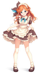 Rule 34 | 1girl, alternate costume, apron, black dress, black footwear, black ribbon, blue eyes, blush, bobby socks, breasts, brown hair, center frills, collared dress, commentary request, dress, enmaided, frilled apron, frilled dress, frilled shirt collar, frills, full body, granblue fantasy, hair ribbon, highres, kusunoki (escude), long hair, looking at viewer, maid, maid headdress, parted lips, puffy short sleeves, puffy sleeves, ribbon, sara (granblue fantasy), shoes, short sleeves, signature, small breasts, socks, solo, standing, white apron, white background, white socks