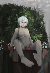 Rule 34 | 1girl, 1other, absurdres, barefoot, bloodborne, bonnet, boots, unworn boots, breasts, cloak, cum, cum on body, cum on lower body, doll joints, eldritch abomination, gaishi yuu, hat, highres, hunter (great one) (bloodborne), joints, leaf, nipples, plain doll, scarf, soles, spoilers, white hair, yellow eyes