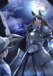 Rule 34 | 1girl, 1other, absurdres, alternate costume, animal ears, armor, armored dress, arms up, black cape, black hair, black rhinoceros (kemono friends), breastplate, cape, captain (kemono friends), closed mouth, collared cape, commentary request, floating hair, full moon, fur collar, gauntlets, glowing, glowing eyes, helmet, highres, holding, holding polearm, holding weapon, kawanami eito, kemono friends, kemono friends 3, long hair, looking at another, moon, night, night sky, outdoors, parted bangs, pith helmet, polearm, red eyes, rhinoceros ears, scratches, shirt, shoulder armor, sky, solo focus, standing, star (sky), starry sky, very long hair, weapon